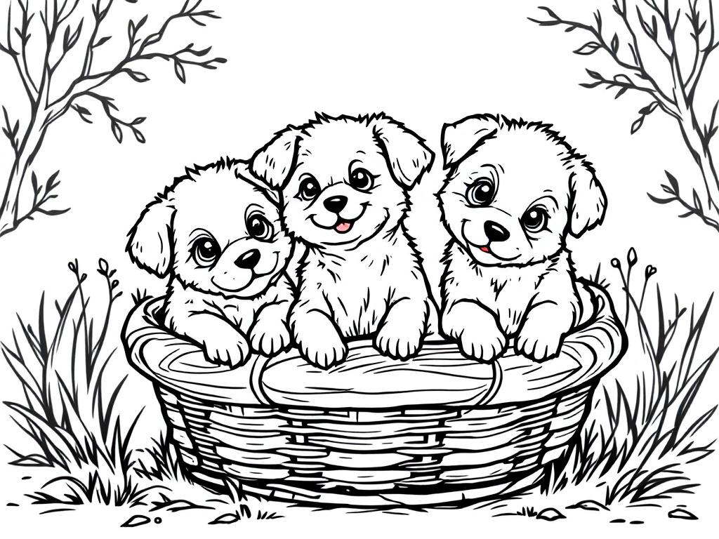 Kleurplaat van drie schattige hondjes in een mand met gras en takjes op de achtergrond.