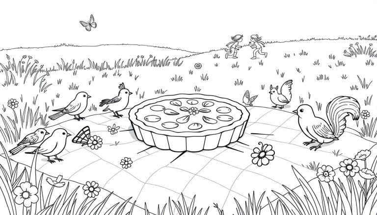 Kleurplaat van een quiche met vogels en bloemen op een picknickkleed in de natuur.