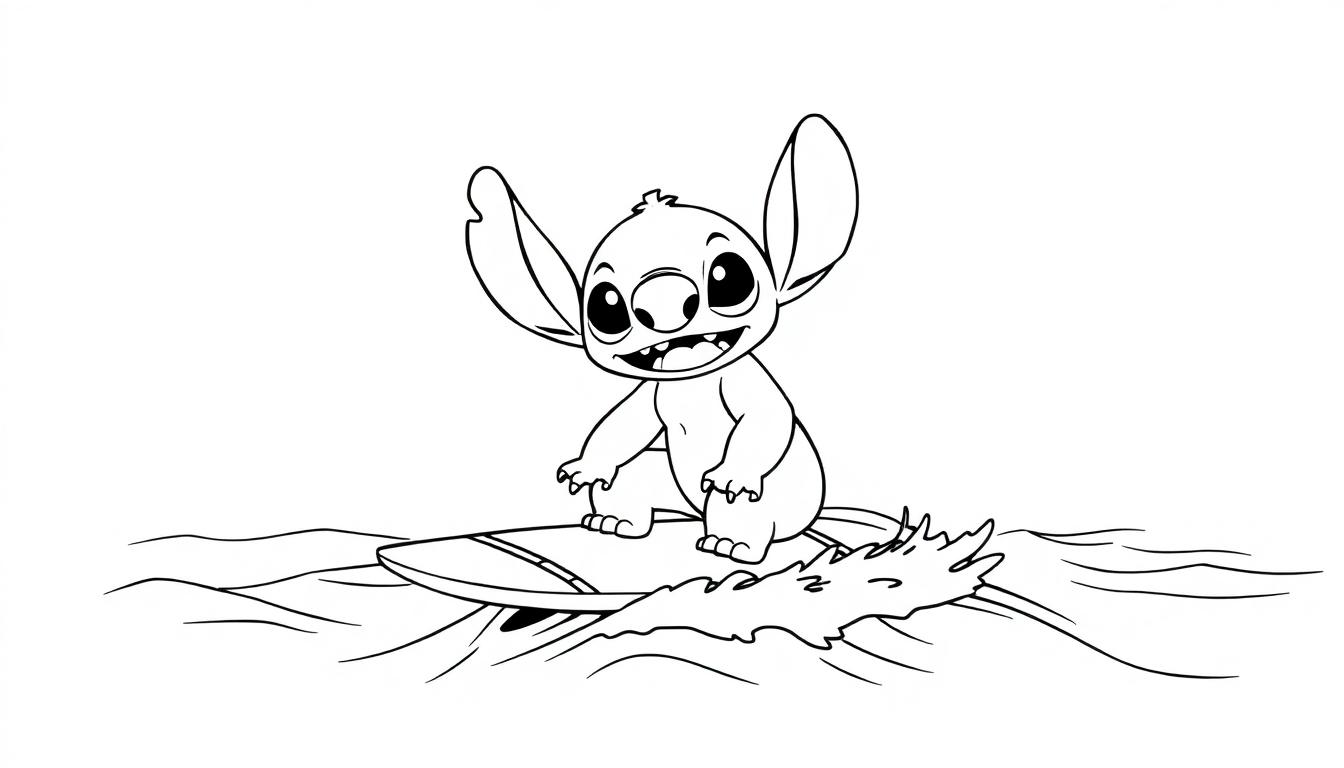Kleurplaat van een vrolijke Stitch op een surfboard in de golven.