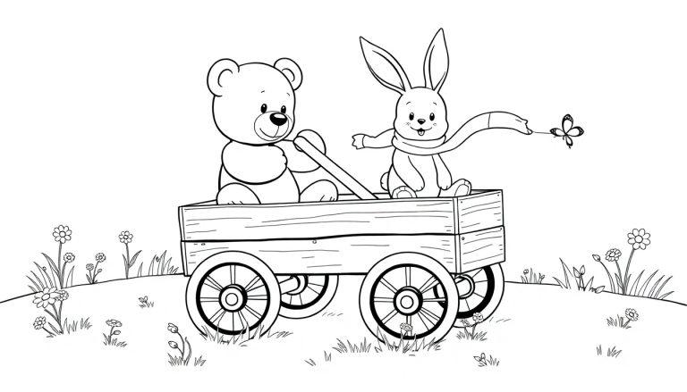 Kleurplaat van een teddybeer en knuffelkonijn in een houten karretje op het gras.