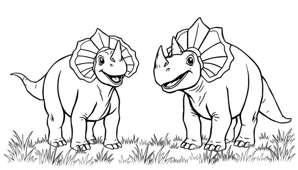 Kleurplaat van twee vrolijke triceratops in het gras.