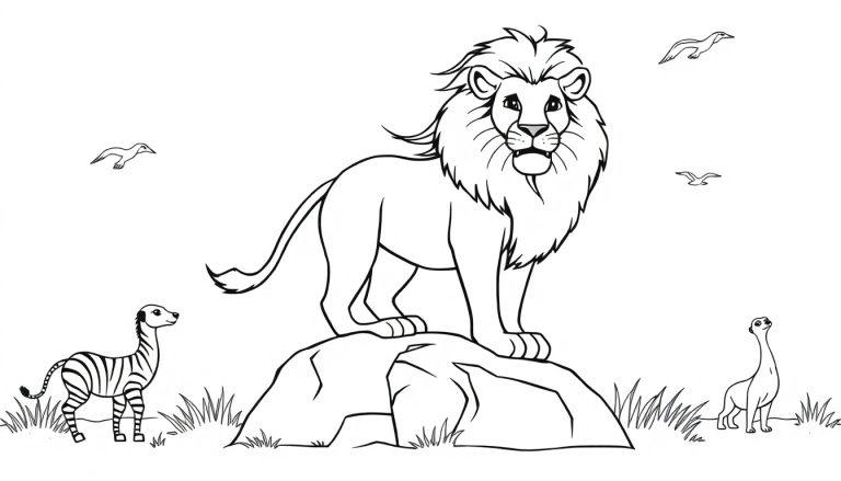 Kleurplaat van een leeuw op een rots met een zebra en stokstaartje in de buurt.