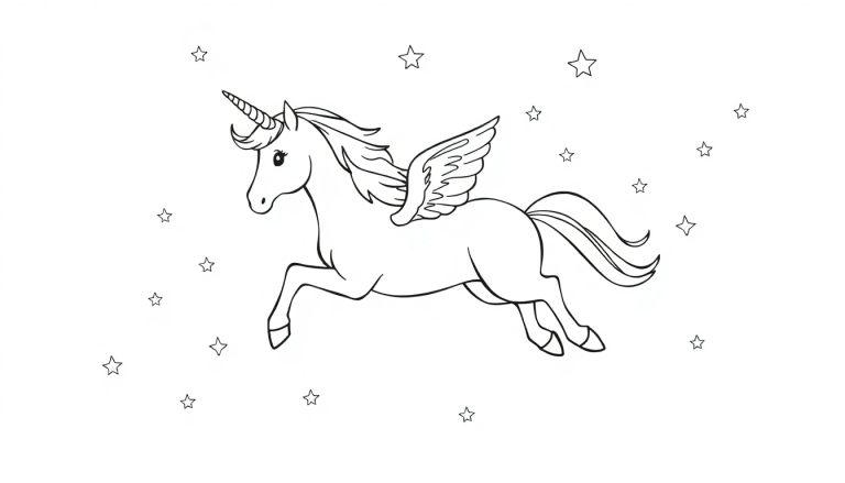 Een kleurplaat van een vliegende eenhoorn omringd door sterren.