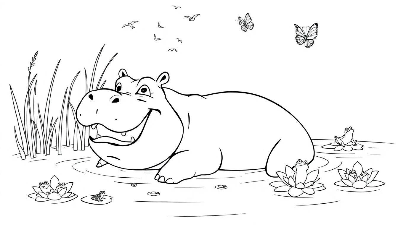 Schattige nijlpaard kleurplaat met vlinders, kikkers en waterlelies.