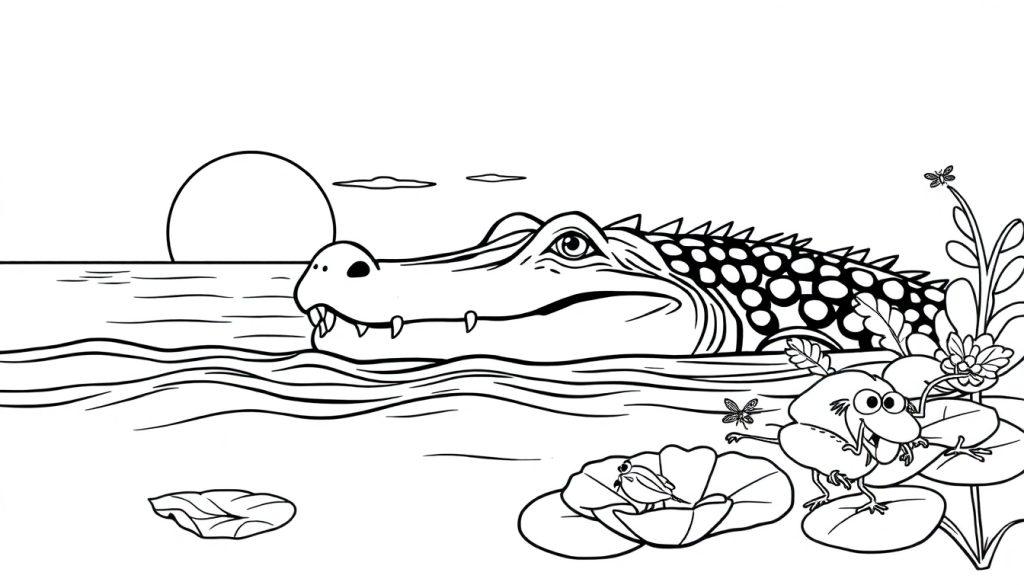 Kleurplaat van een krokodil die in het water wacht bij zonsondergang, omringd door bloemen, een kikker en een kleine vogel.