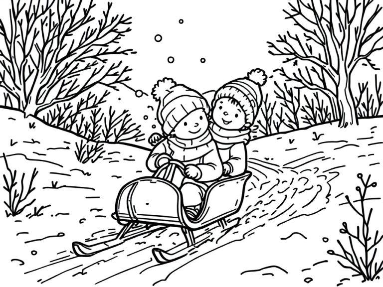 Kleurplaat van twee kinderen op een slee in een winterlandschap met bomen en sneeuw.