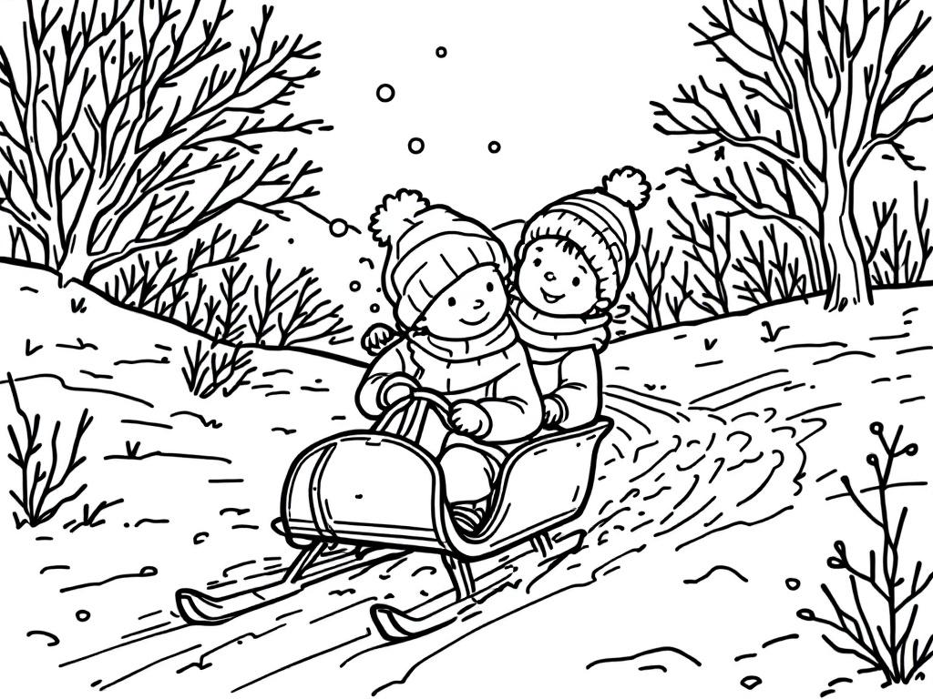 Kleurplaat van twee kinderen op een slee in een winterlandschap met bomen en sneeuw.