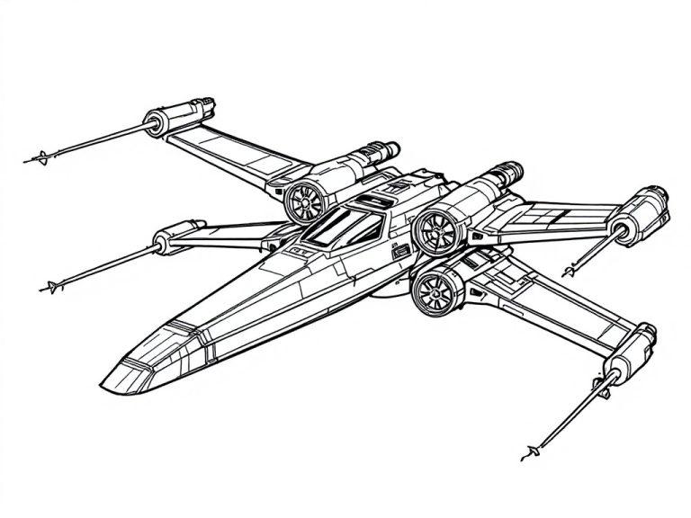 Kleurplaat van een X-Wing ruimteschip uit Star Wars.