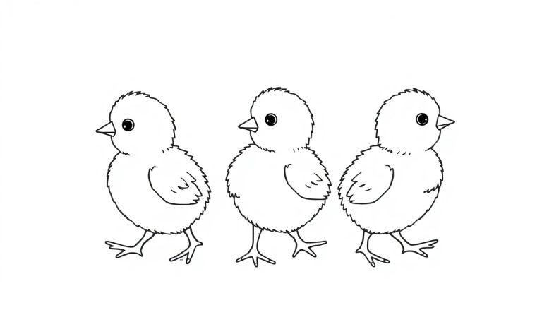 Drie schattige kuikentjes in kleurplaatvorm.