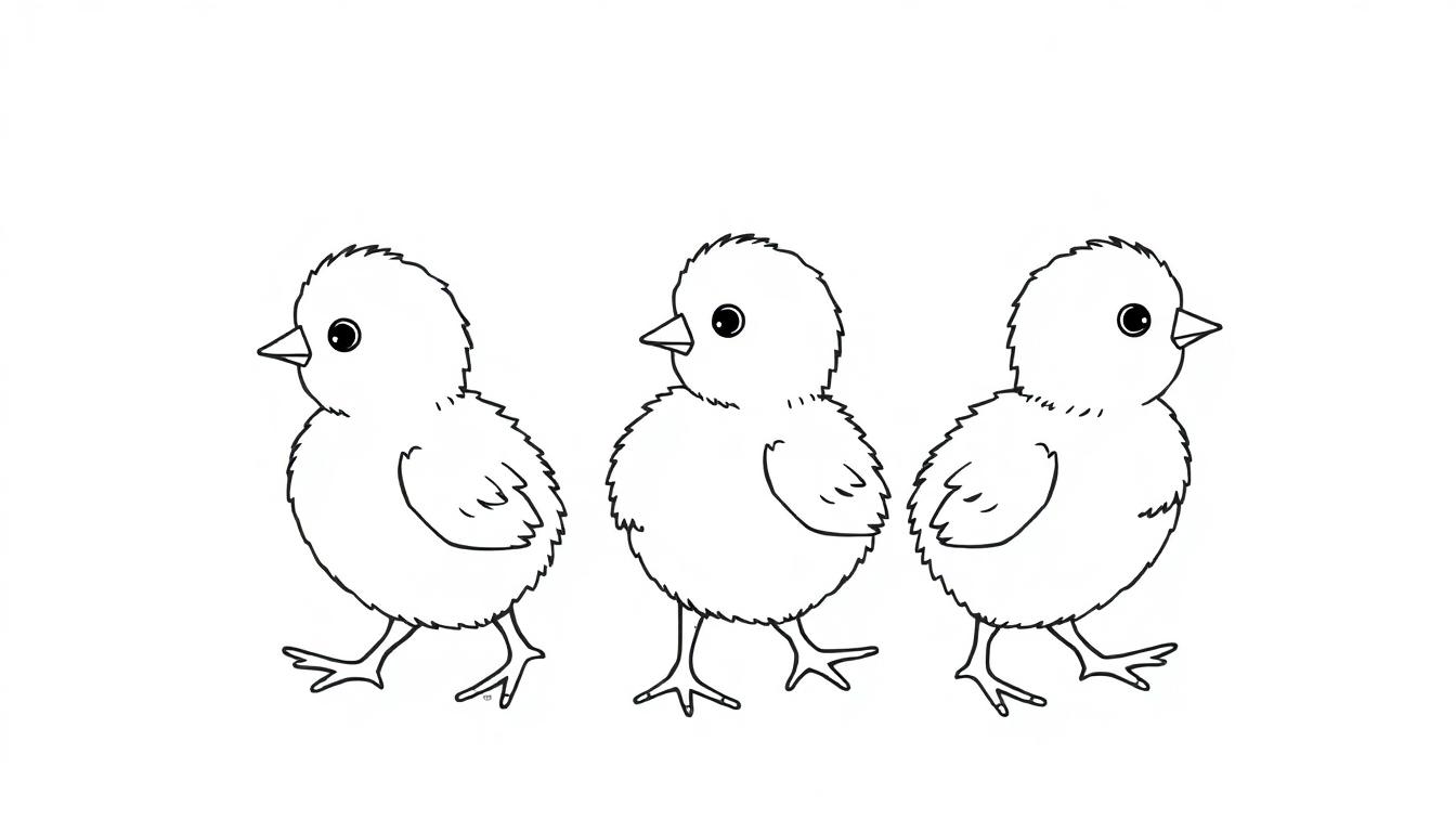 Drie schattige kuikentjes in kleurplaatvorm.
