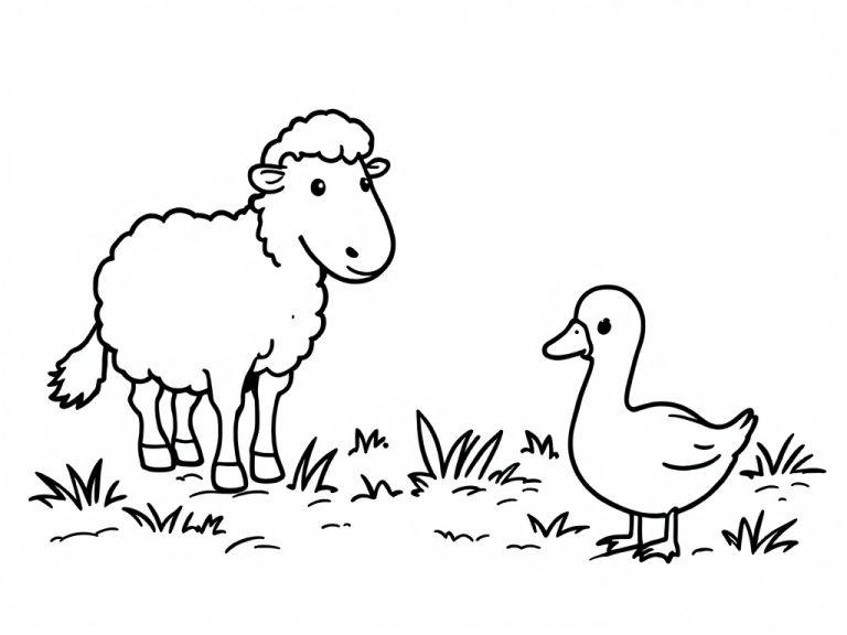 Kleurplaat van een schaap en een eend in een grasveld.