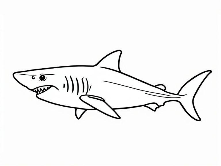 Een kleurplaat van een witte haai in cartoonstijl, klaar om ingekleurd te worden.