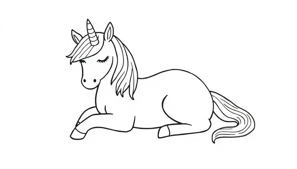 Een schattige liggende eenhoorn kleurplaat om in te kleuren.