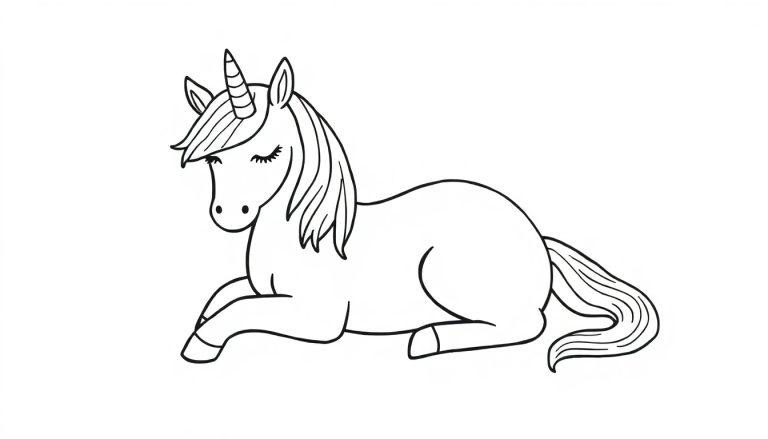 Een schattige liggende eenhoorn kleurplaat om in te kleuren.
