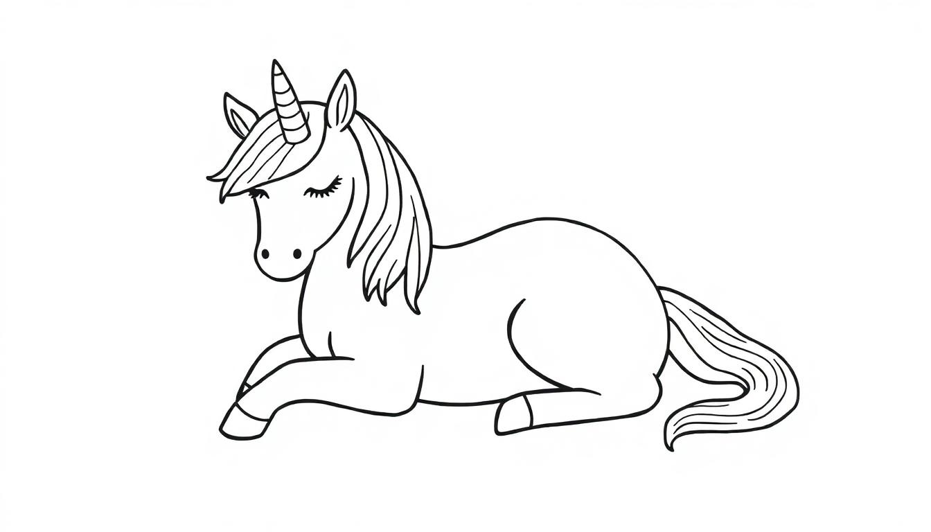 Een schattige liggende eenhoorn kleurplaat om in te kleuren.