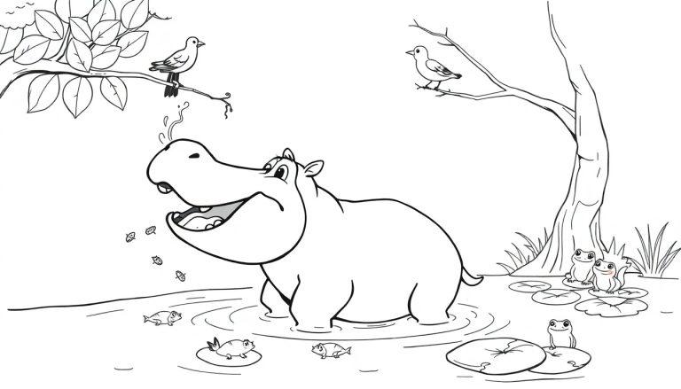 Kleurplaat van een vrolijk nijlpaard in het water met vogels en kikkers.