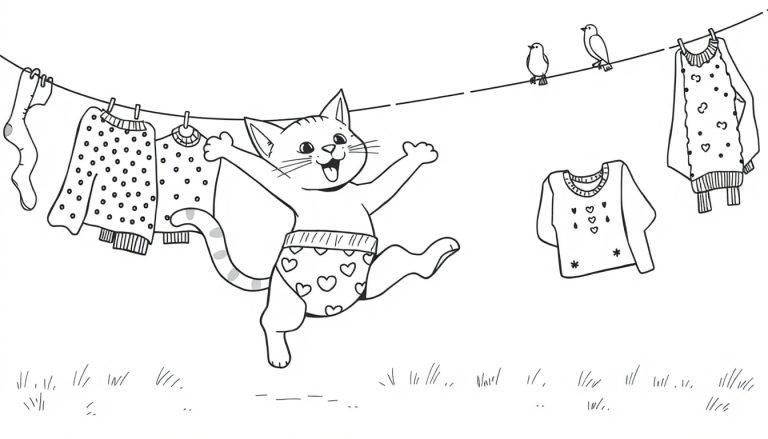 Een vrolijke kat in een hartjes onderbroek die tussen de waslijnen springt.