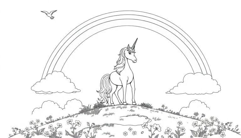 Kleurplaat van een eenhoorn op een heuvel met een regenboog en bloemen.