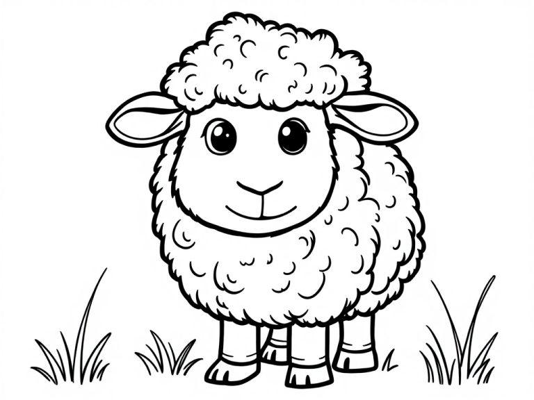 Kleurplaat van een schattig schaap met een wollige vacht op een grasveld.