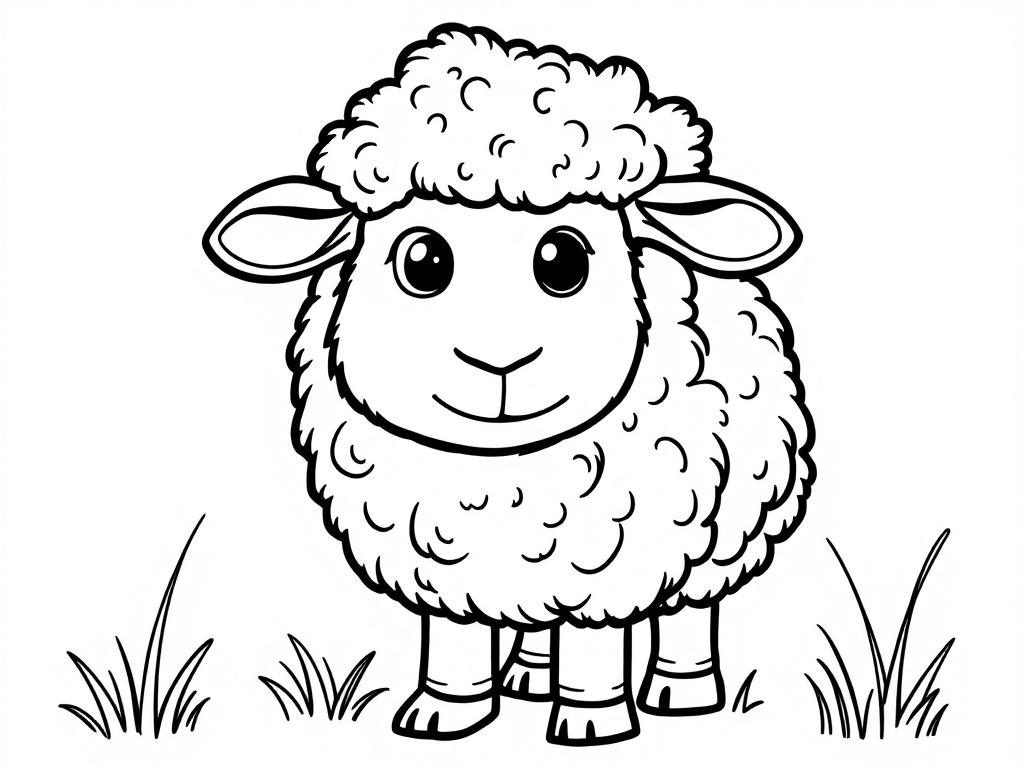 Kleurplaat van een schattig schaap met een wollige vacht op een grasveld.