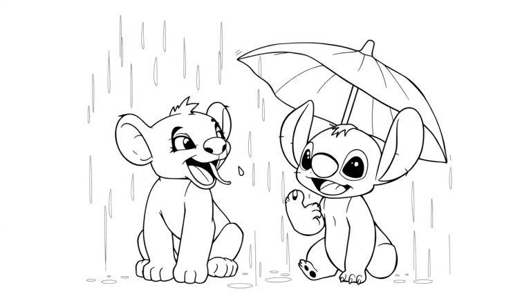 Kleurplaat van Simba en Stitch die in de regen zitten met een paraplu.