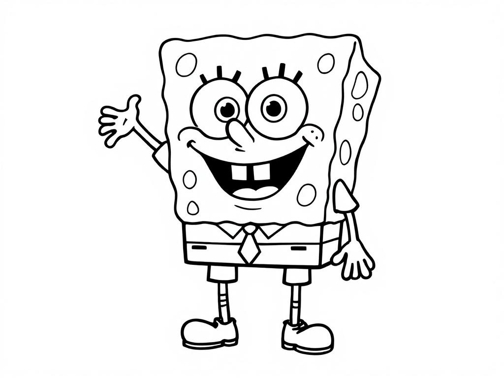 SpongeBob SquarePants kleurplaat met een grote glimlach en opgeheven hand.