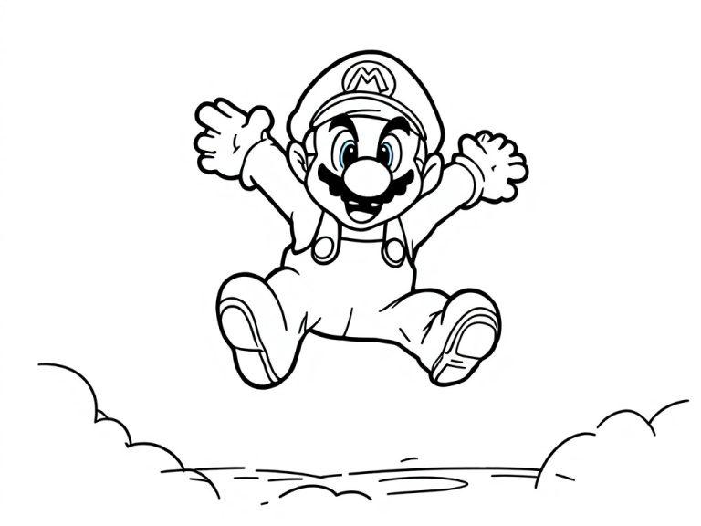 Een kleurplaat van Mario die vrolijk in de lucht springt.