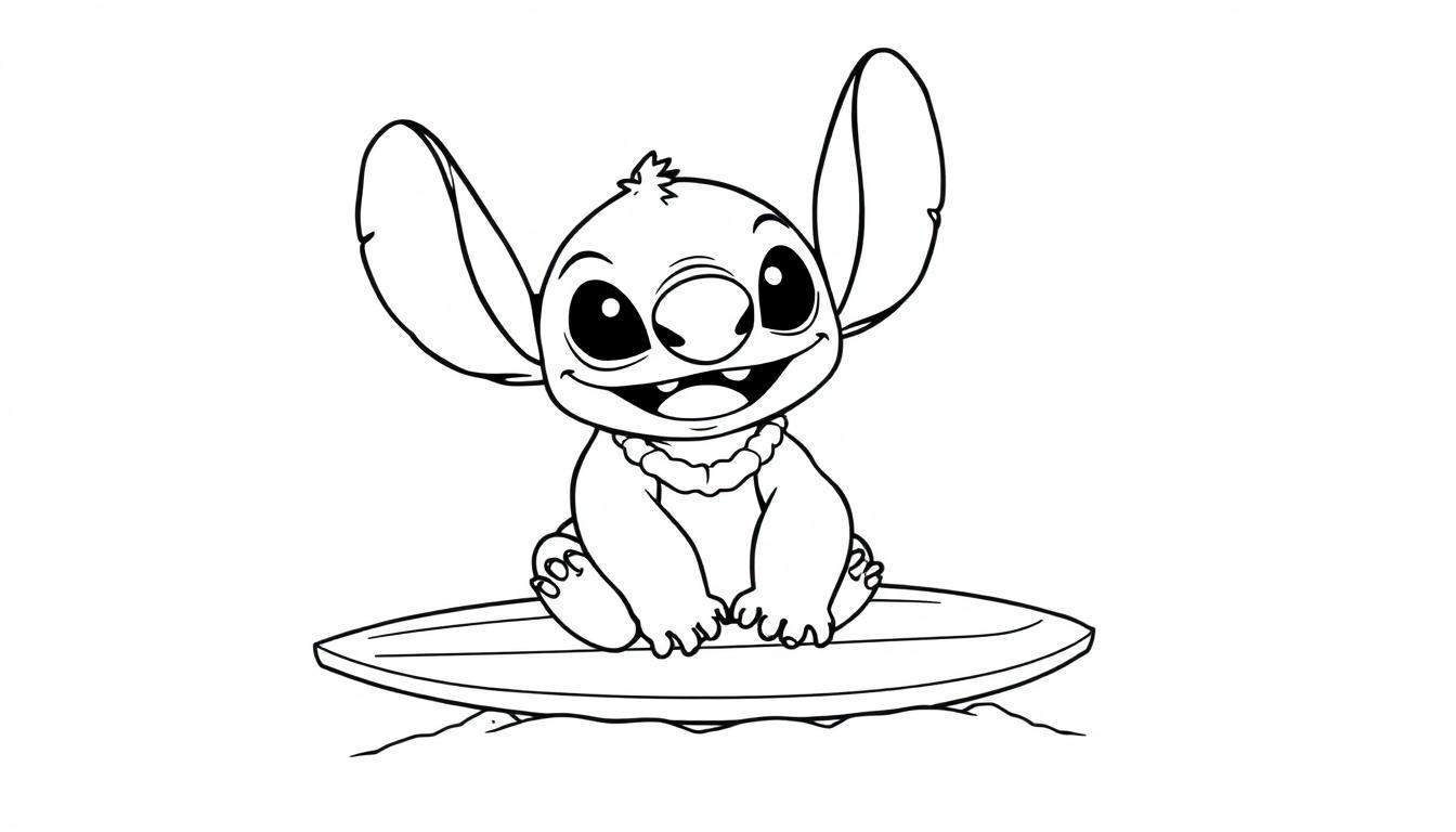 Kleurplaat van een vrolijke Stitch, zittend op een surfplank in Hawaii.
