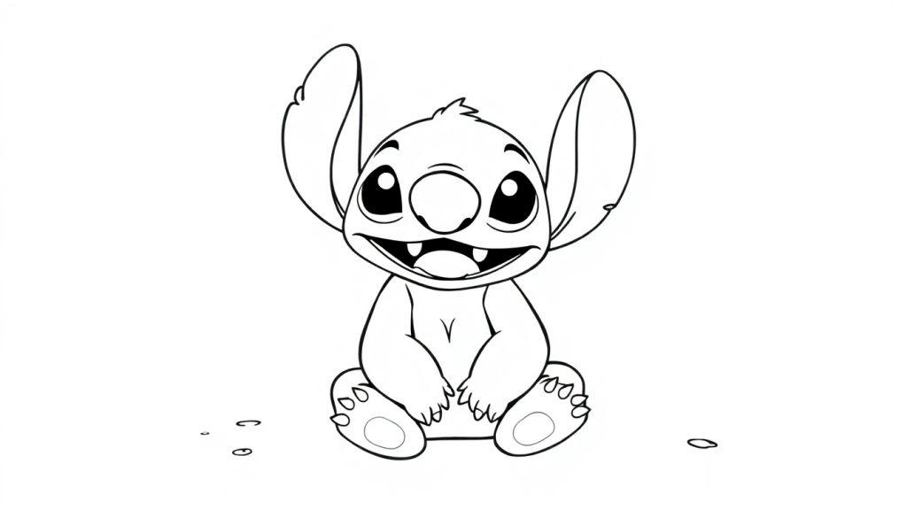 Een kleurplaat van Stitch die vrolijk op het strand zit.