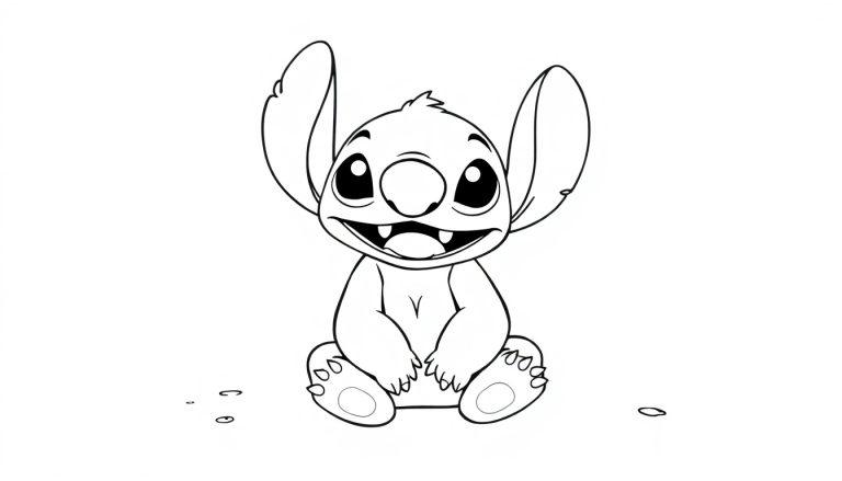 Een kleurplaat van Stitch die vrolijk op het strand zit.