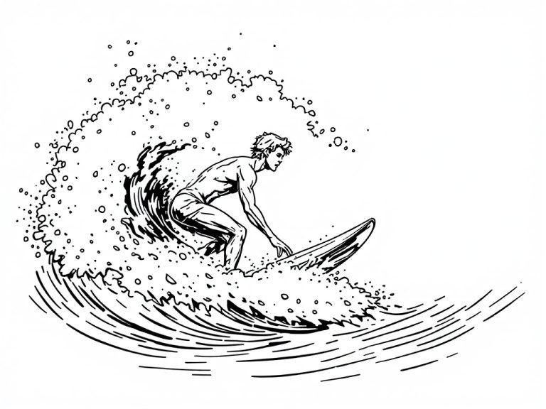 Kleurplaat van een surfer in een grote golf.