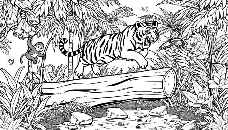 Kleurplaat van een tijger in de jungle, springend over een boomstam met een aapje in de achtergrond.