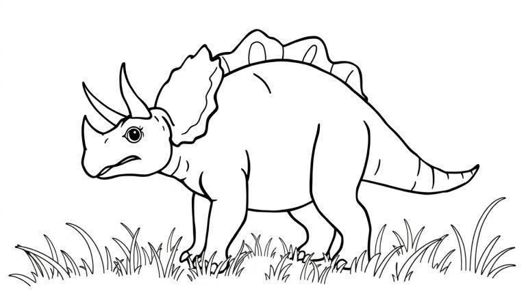 Triceratops kleurplaat in een grasveld.