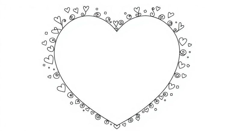 Hartvormige kleurplaat met kleine hartjes langs de rand, klaar om ingekleurd te worden.
