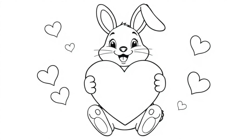 Kleurplaat van een schattig konijn met een groot hart en zwevende hartjes eromheen.