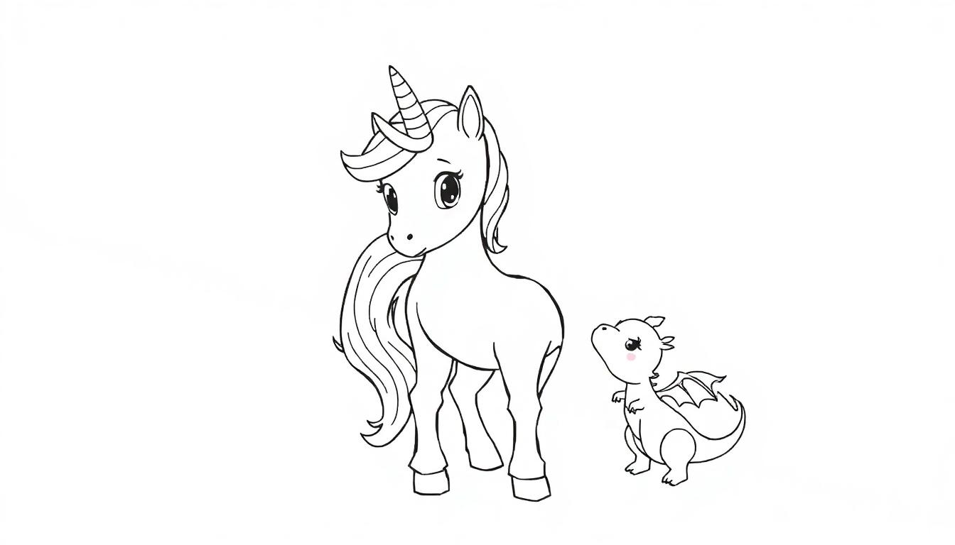 Kleurplaat van een eenhoorn die samen met een kleine, schattige draak staat.