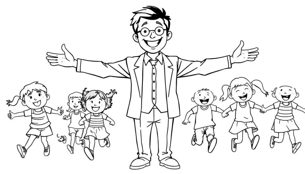 Een kleurplaat van een enthousiaste meester die met open armen kinderen verwelkomt.