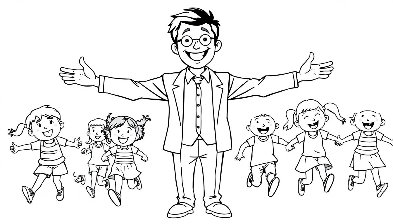 Een kleurplaat van een enthousiaste meester die met open armen kinderen verwelkomt.