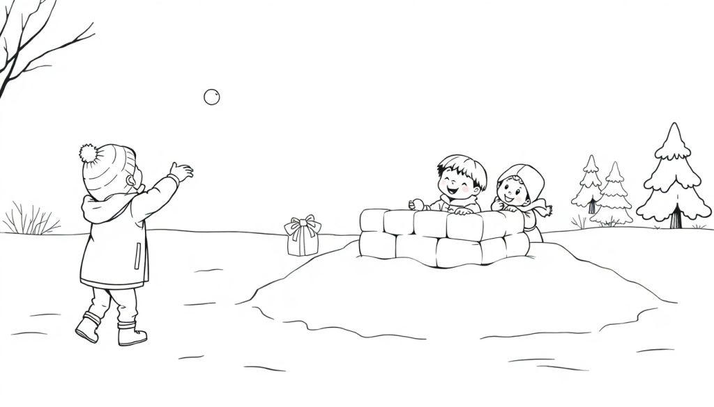 Kleurplaat van kinderen die sneeuwballen gooien en spelen bij een iglo.