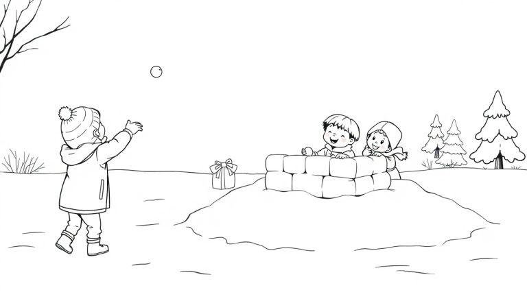 Kleurplaat van kinderen die sneeuwballen gooien en spelen bij een iglo.