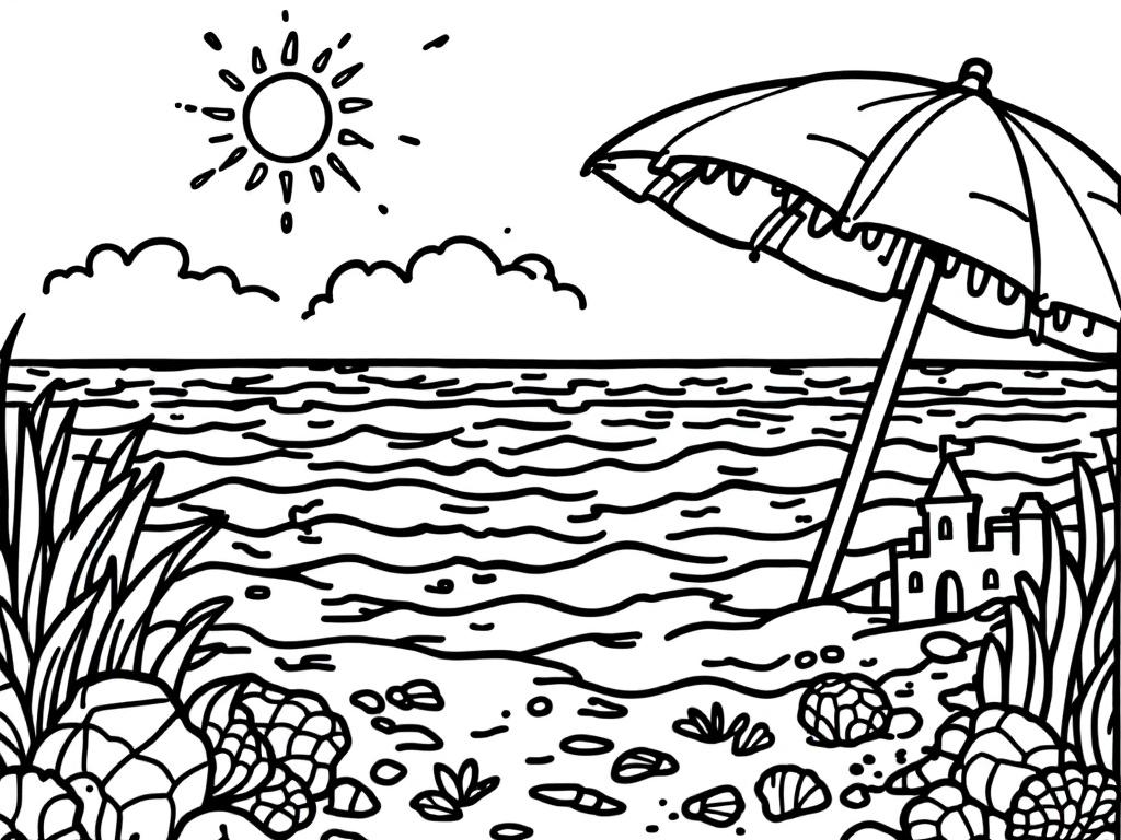 Kleurplaat van een strand met een grote parasol, een bal en een schelp in het zand.