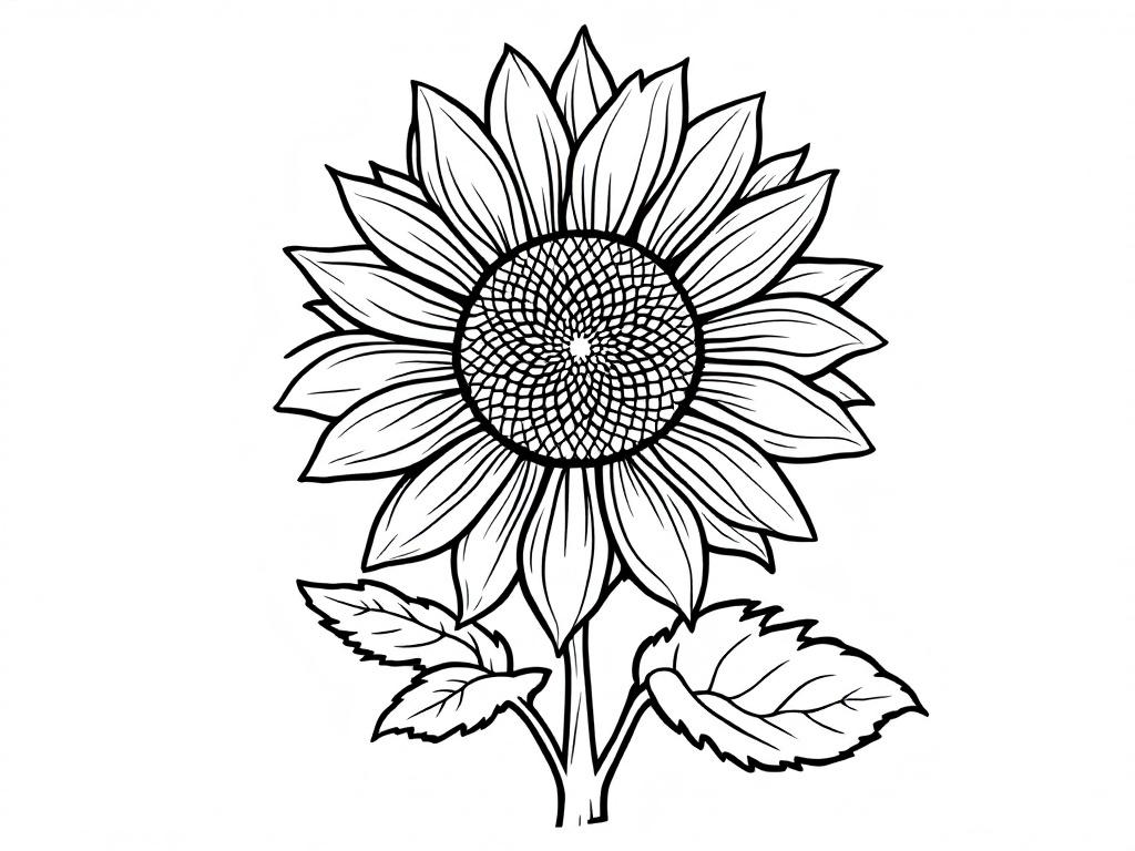 Kleurplaat van een zonnebloem met details van bladeren en bloemblaadjes.