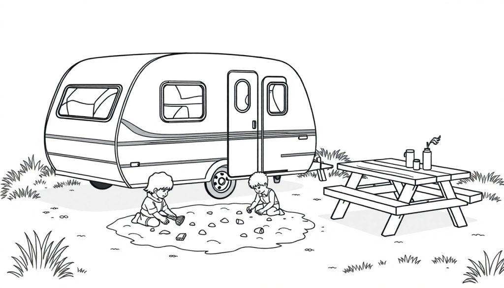 Kleurplaat van twee kinderen die in een zandbak spelen naast een caravan en een picknicktafel.