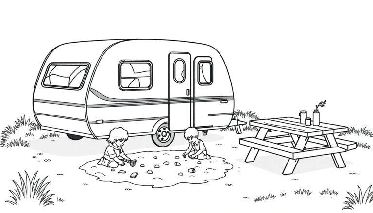 Kleurplaat van twee kinderen die in een zandbak spelen naast een caravan en een picknicktafel.