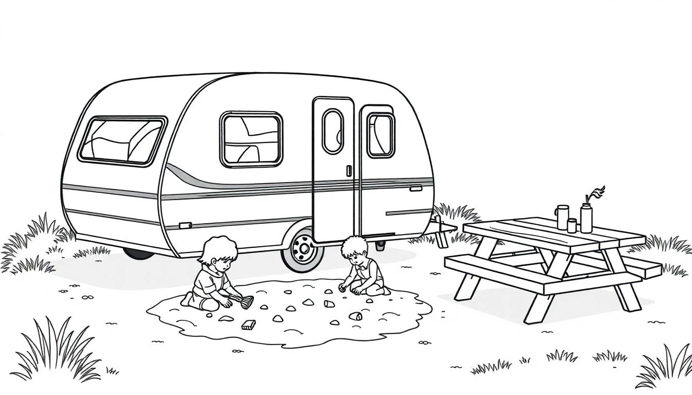 Kleurplaat van twee kinderen die in een zandbak spelen naast een caravan en een picknicktafel.