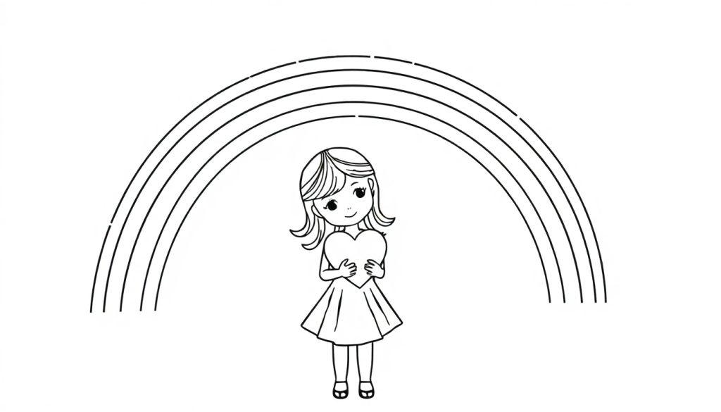 Kleurplaat van een meisje dat een hartje vasthoudt onder een regenboog.