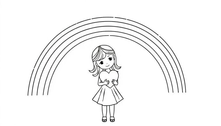 Kleurplaat van een meisje dat een hartje vasthoudt onder een regenboog.