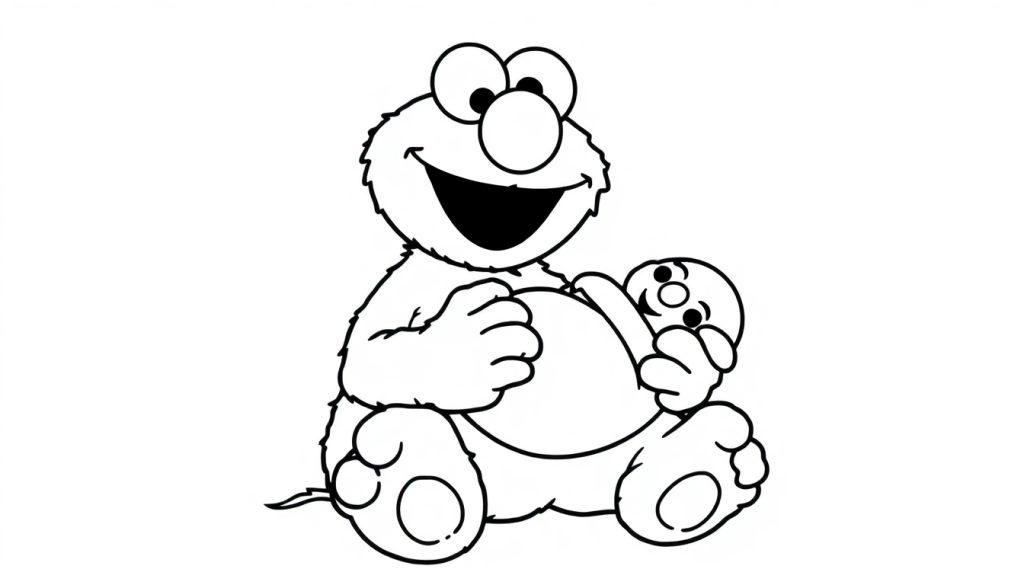 Kleurplaat van Elmo die een baby vasthoudt.