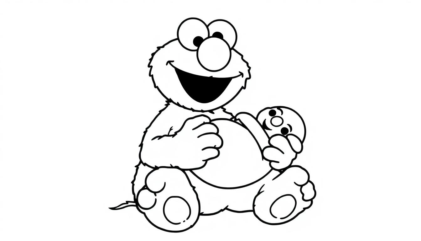 Kleurplaat van Elmo die een baby vasthoudt.