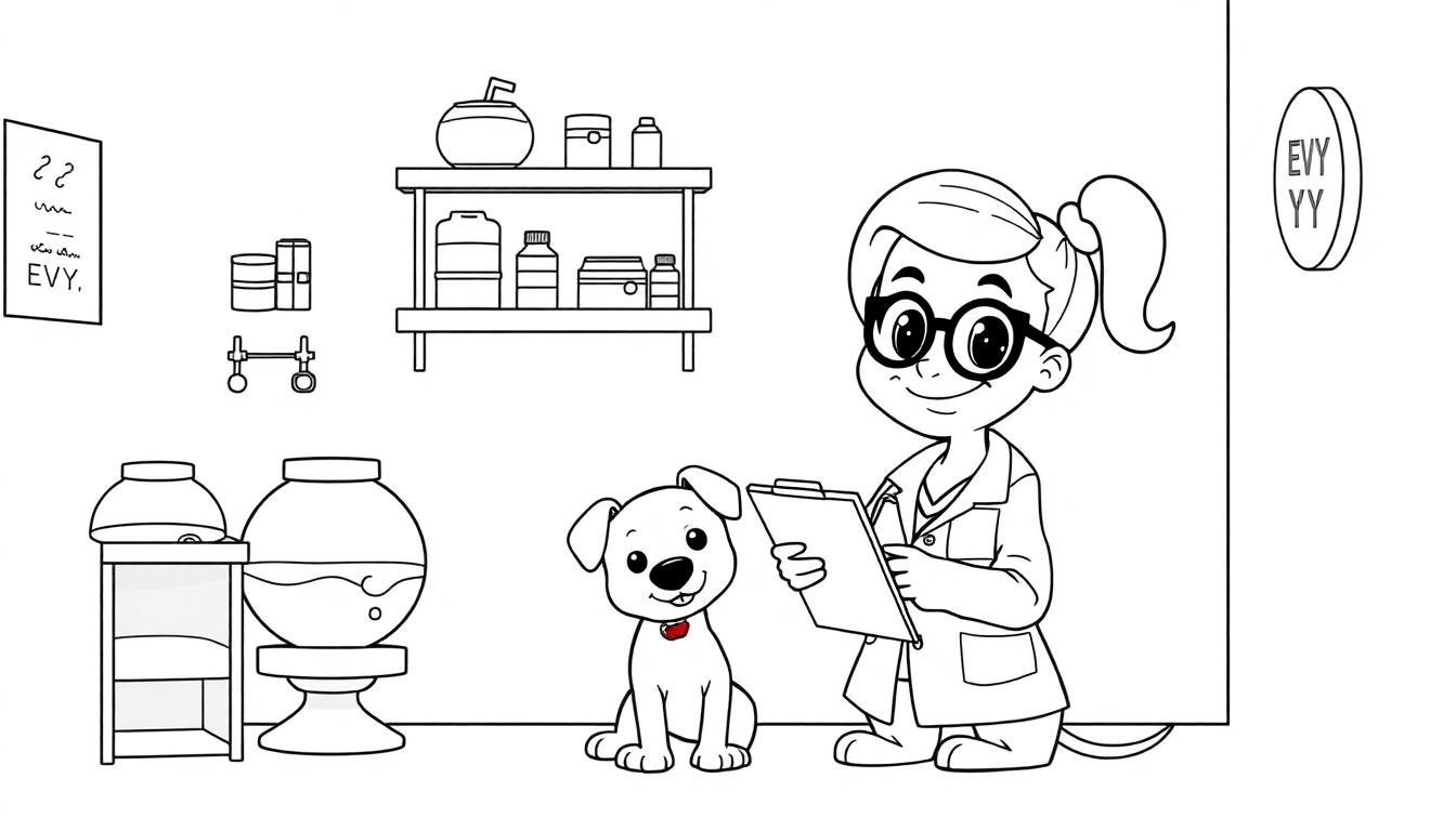 Kleurplaat van Evy als dierenarts samen met een puppy in de praktijk.